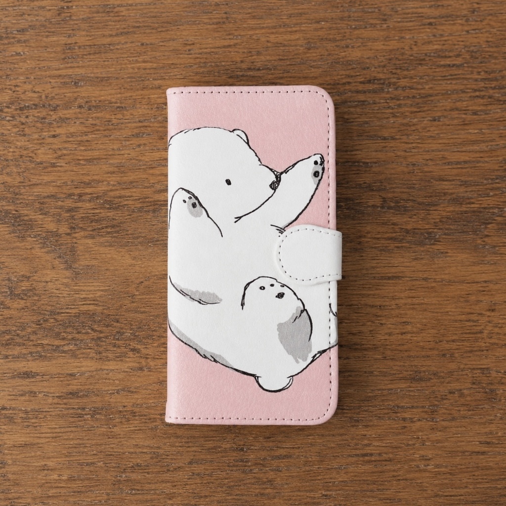 【送料無料】ピンク・転がりシロクマの手帳型スマホケース