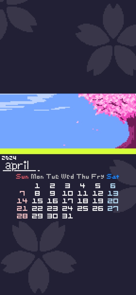 2024年4月 ドット絵カレンダースマホ壁紙