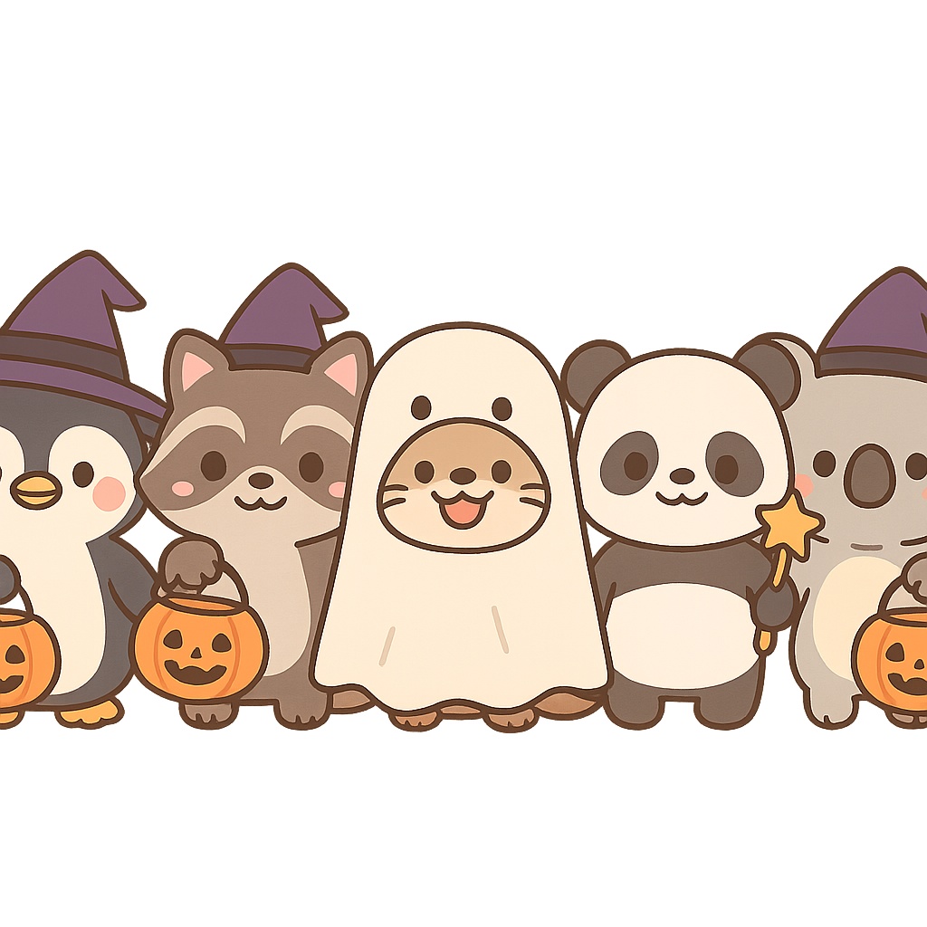 【ハロウィン版】動物園シリーズ オリジナルキャラクター5匹セット(商用利用可・PNG透過)