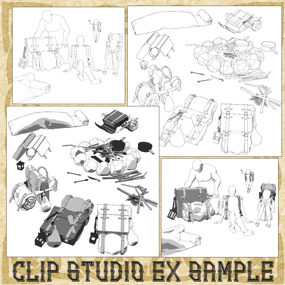 3D中世ファンタジー冒険者のバックパック&野宿セット(cs3o/fbx)