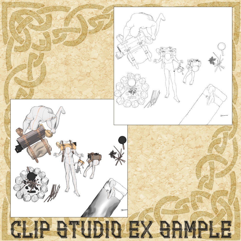 3D中世ファンタジー冒険者のバックパック&野宿セット(cs3o/fbx)