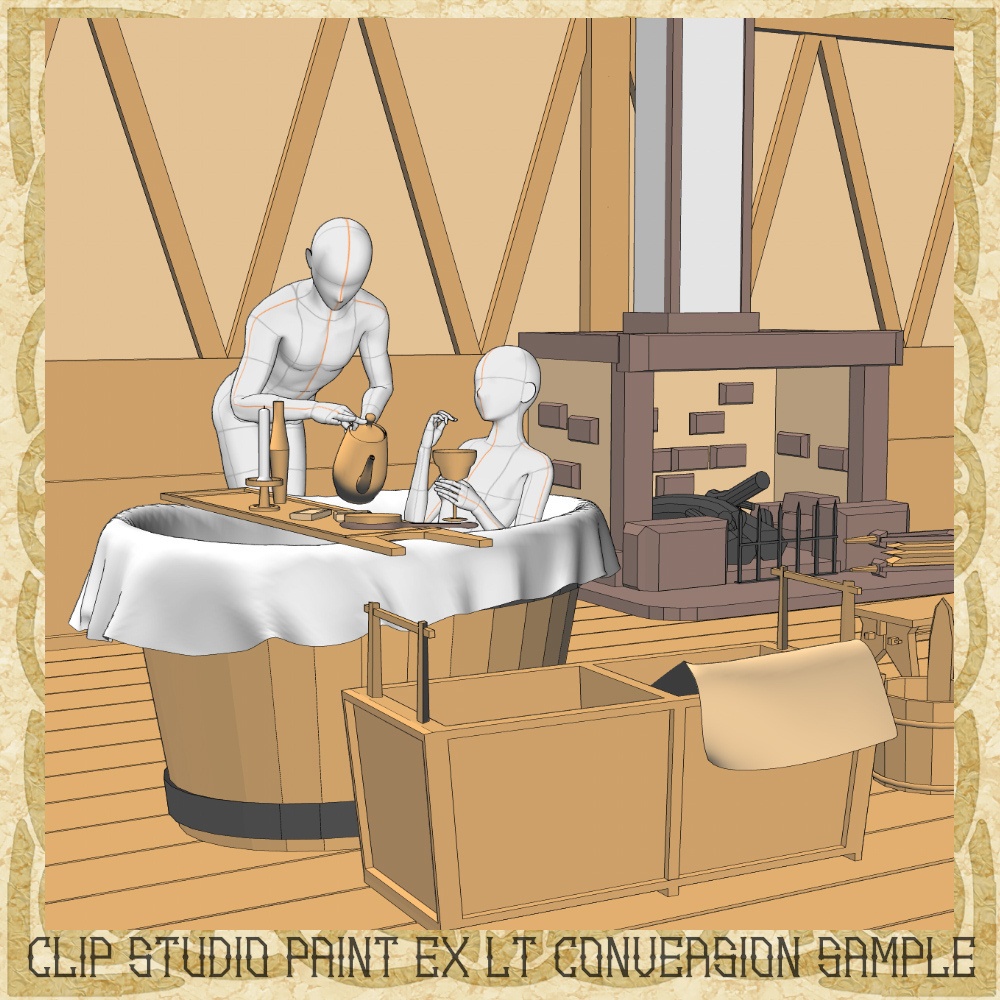 3D中世ファンタジー浴室&バスタブセット(cs3o/fbx)