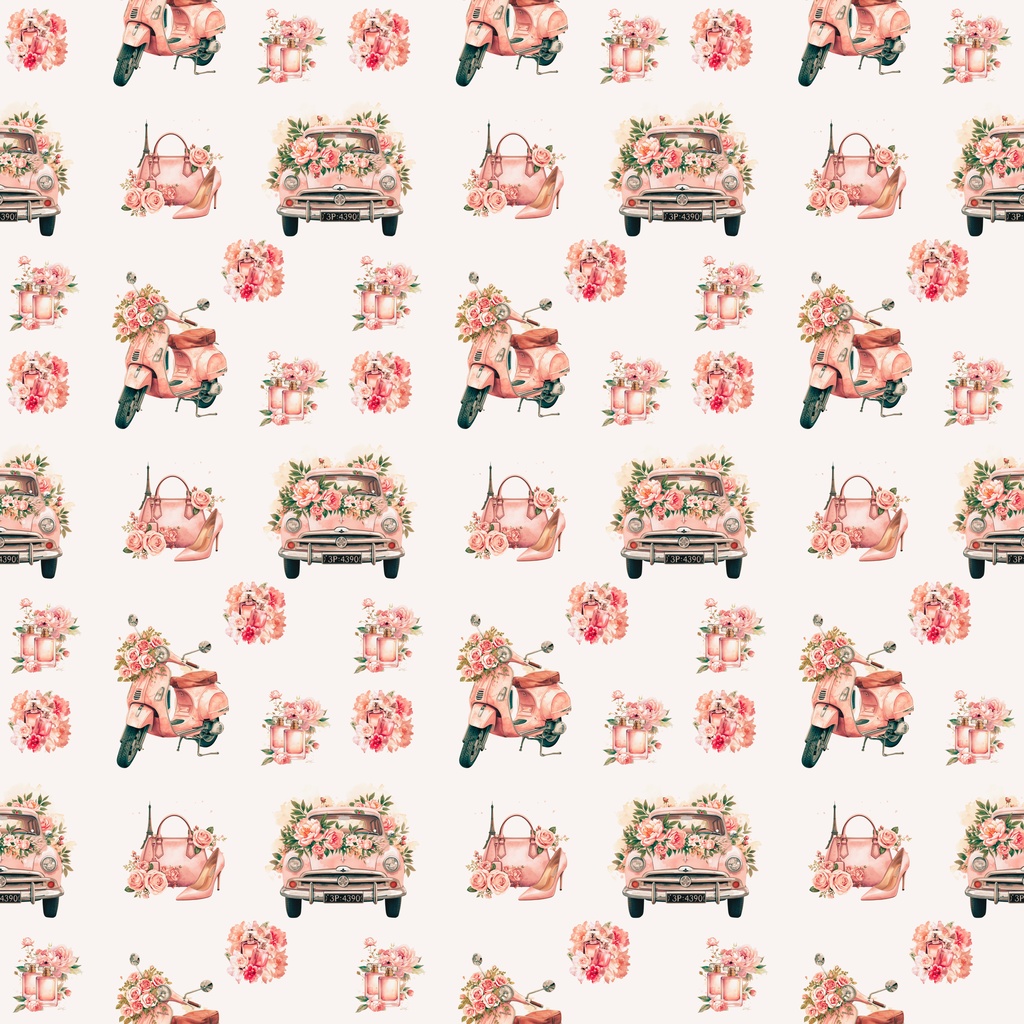 シームレス「パリと花束のロマンティック柄デジタルペーパー」「Romantic Paris Bouquet」 ロマンティック・パリ・ブーケ (大 / 中 / 小 /3サイズセット+パリ素材)