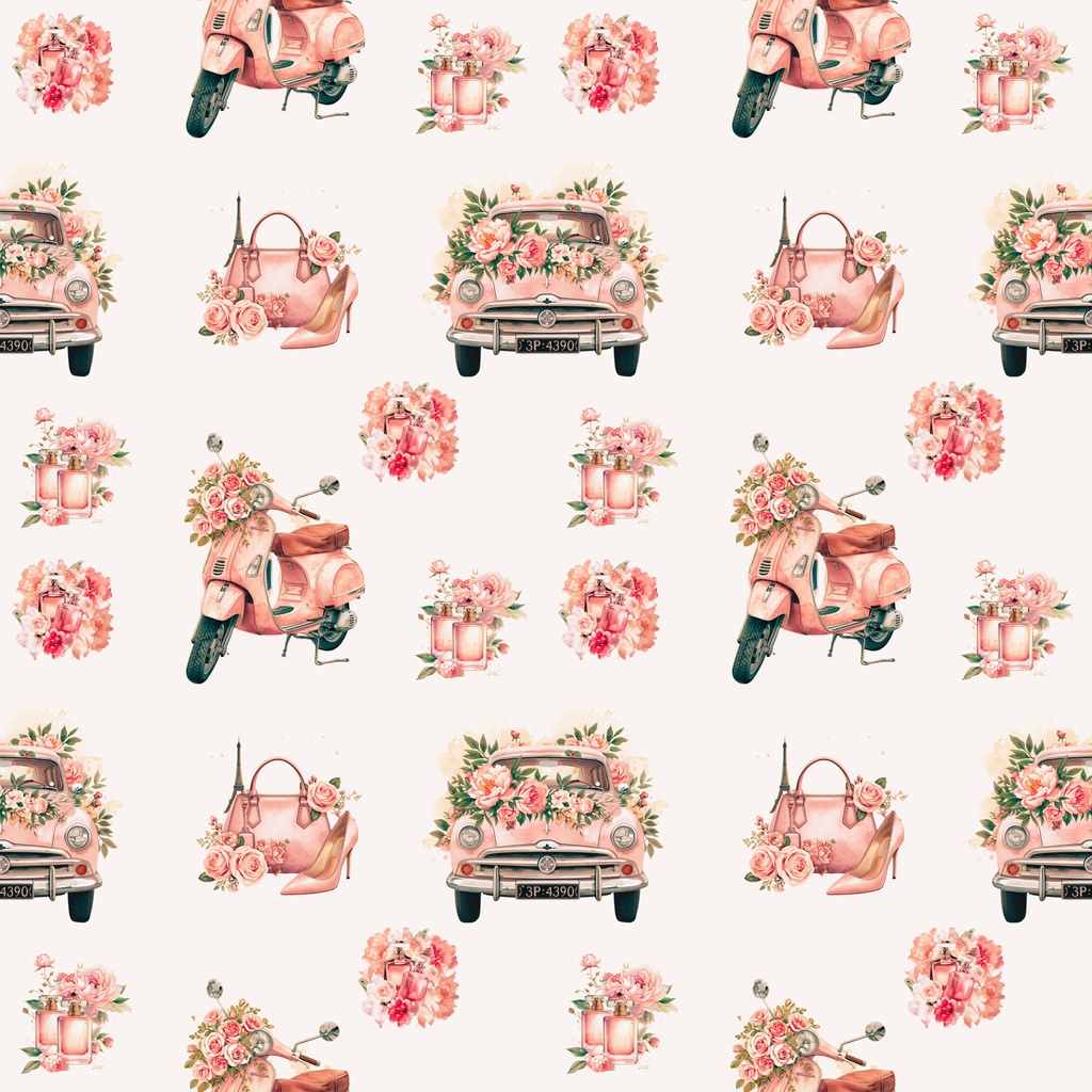 シームレス「パリと花束のロマンティック柄デジタルペーパー」「Romantic Paris Bouquet」 ロマンティック・パリ・ブーケ (大 / 中 / 小 /3サイズセット+パリ素材)