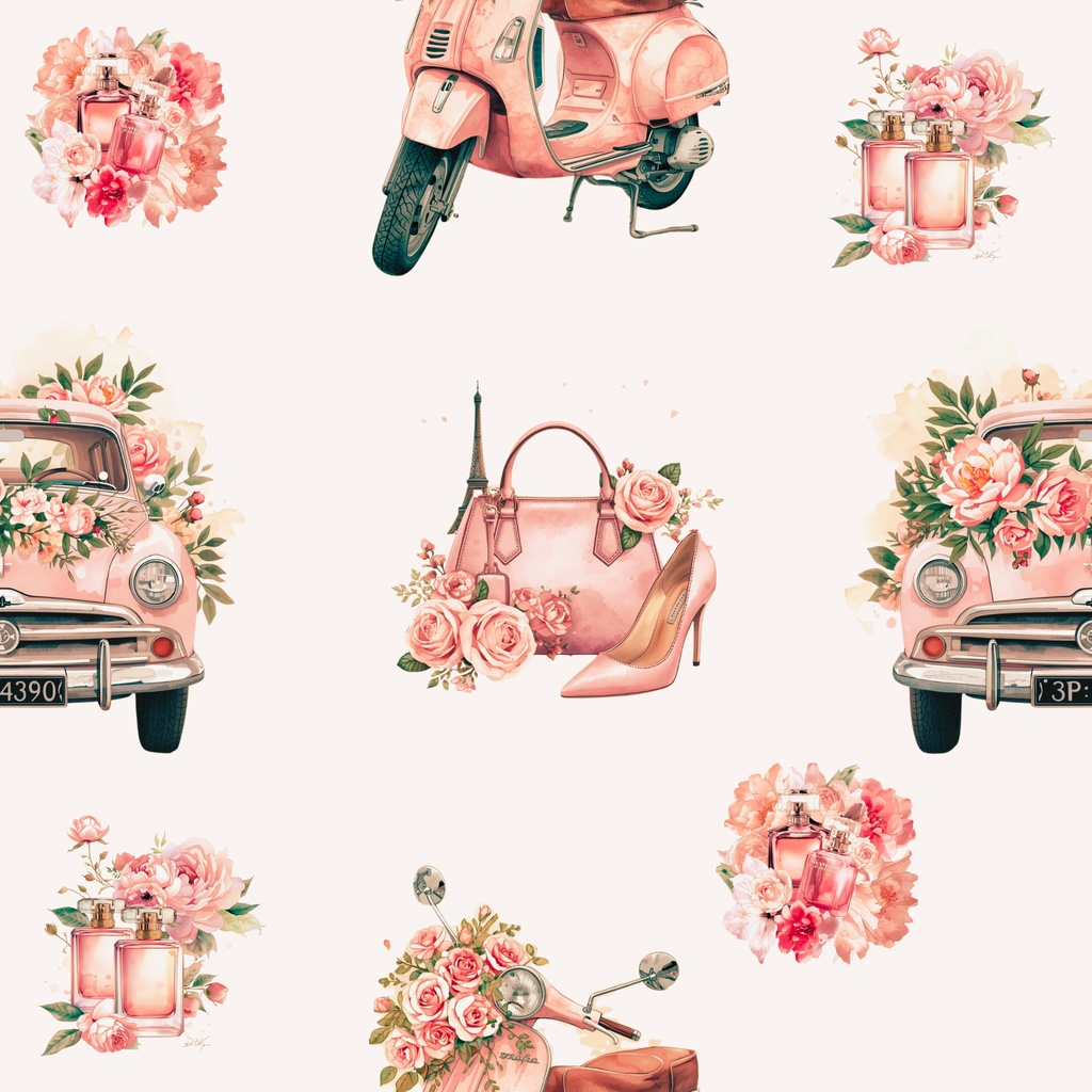 シームレス「パリと花束のロマンティック柄デジタルペーパー」「Romantic Paris Bouquet」 ロマンティック・パリ・ブーケ （大 / 中 / 小 /3サイズセット＋パリ素材）