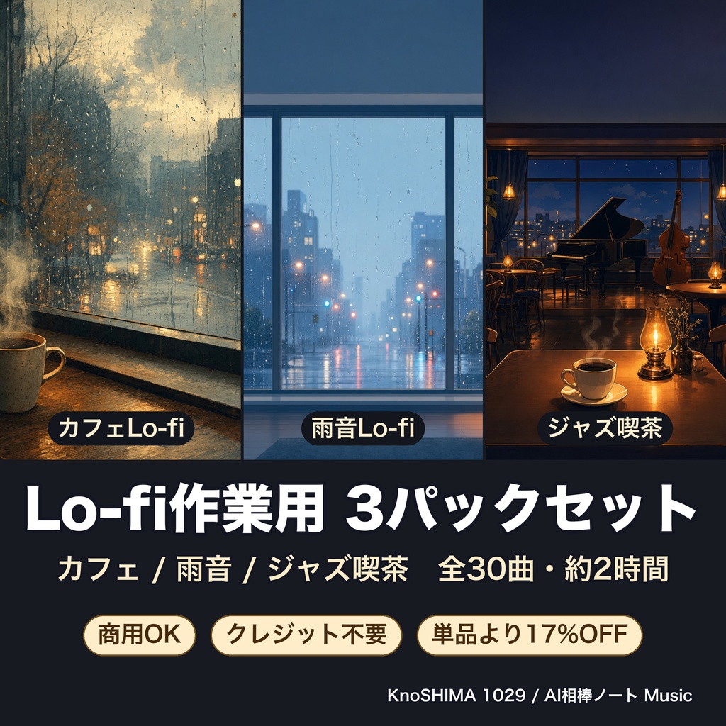Lo-fi作業用 3パック30曲セット（カフェ/雨音/ジャズ喫茶）｜商用OK・クレジット不要｜17%OFF｜KnoSHIMA 1029