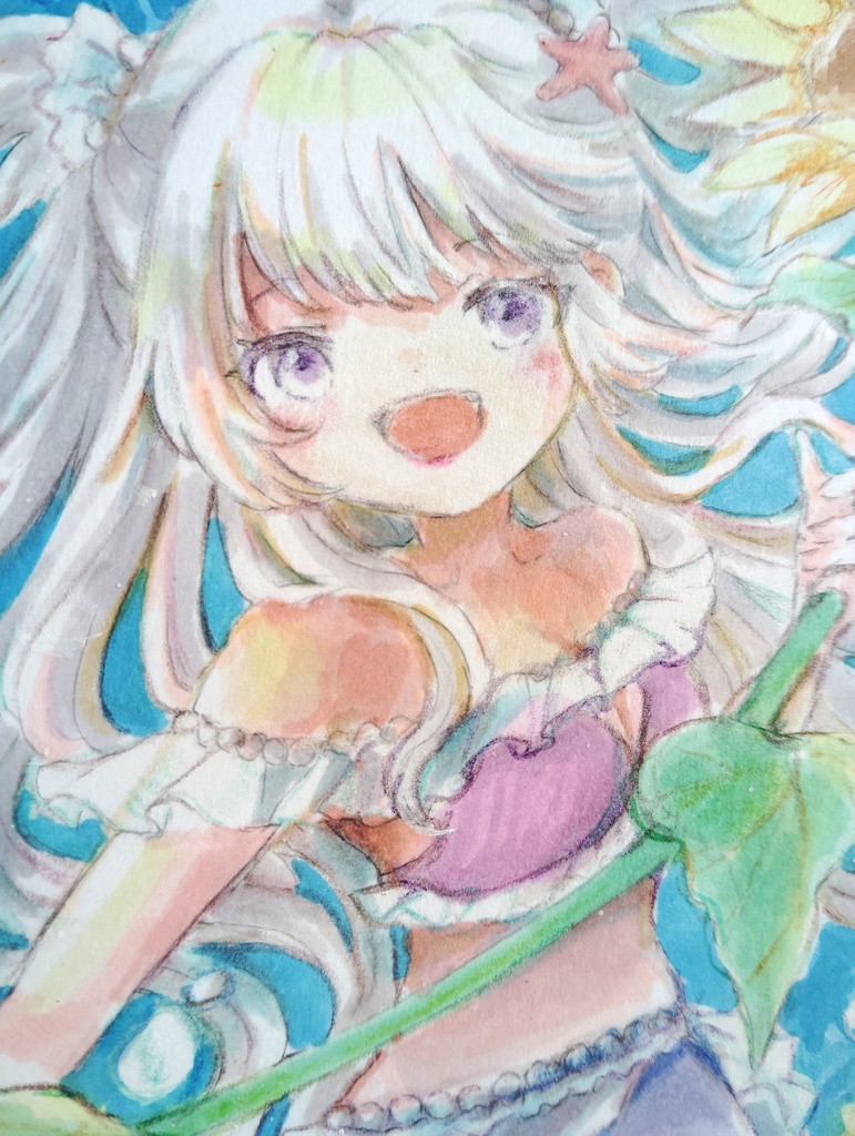 【ドローイング原画】人魚とひまわり1ハーフツイテ