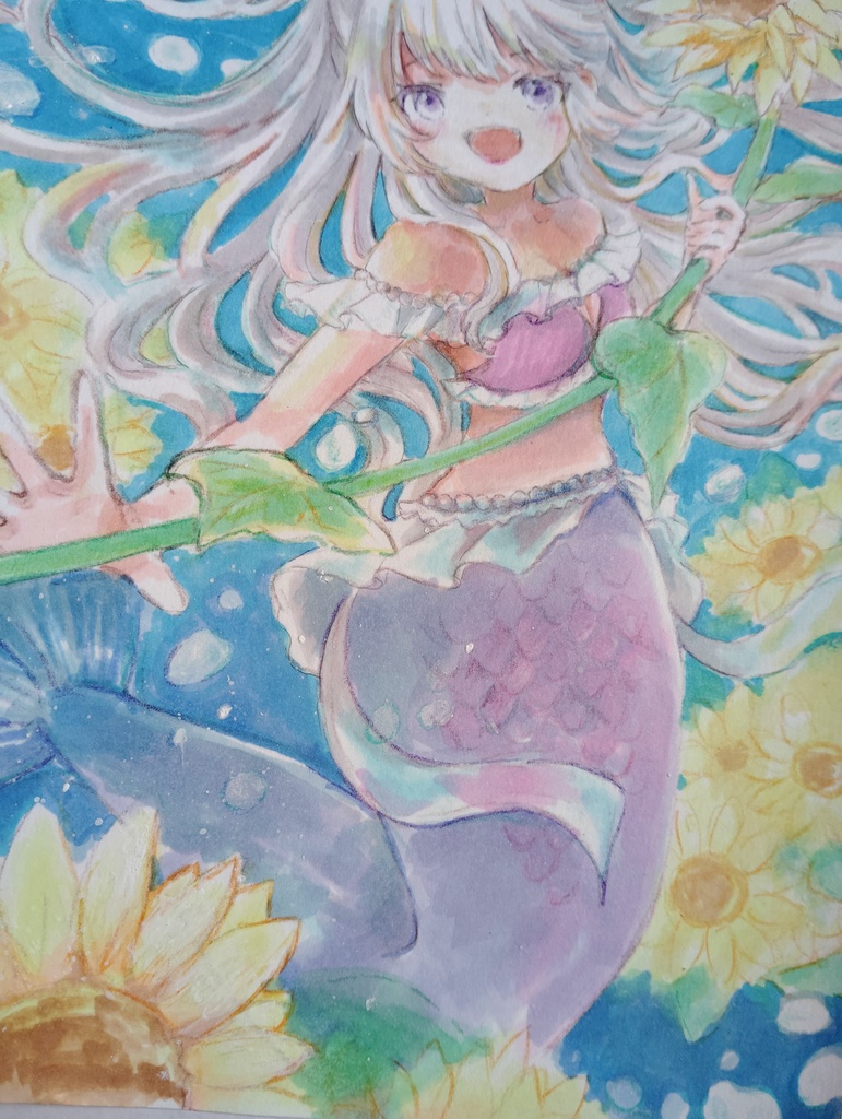 【ドローイング原画】人魚とひまわり1ハーフツイテ