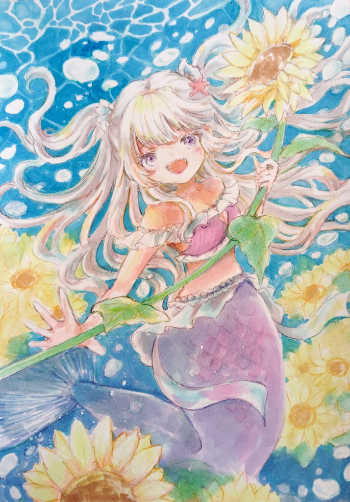【ドローイング原画】人魚とひまわり1ハーフツイテ