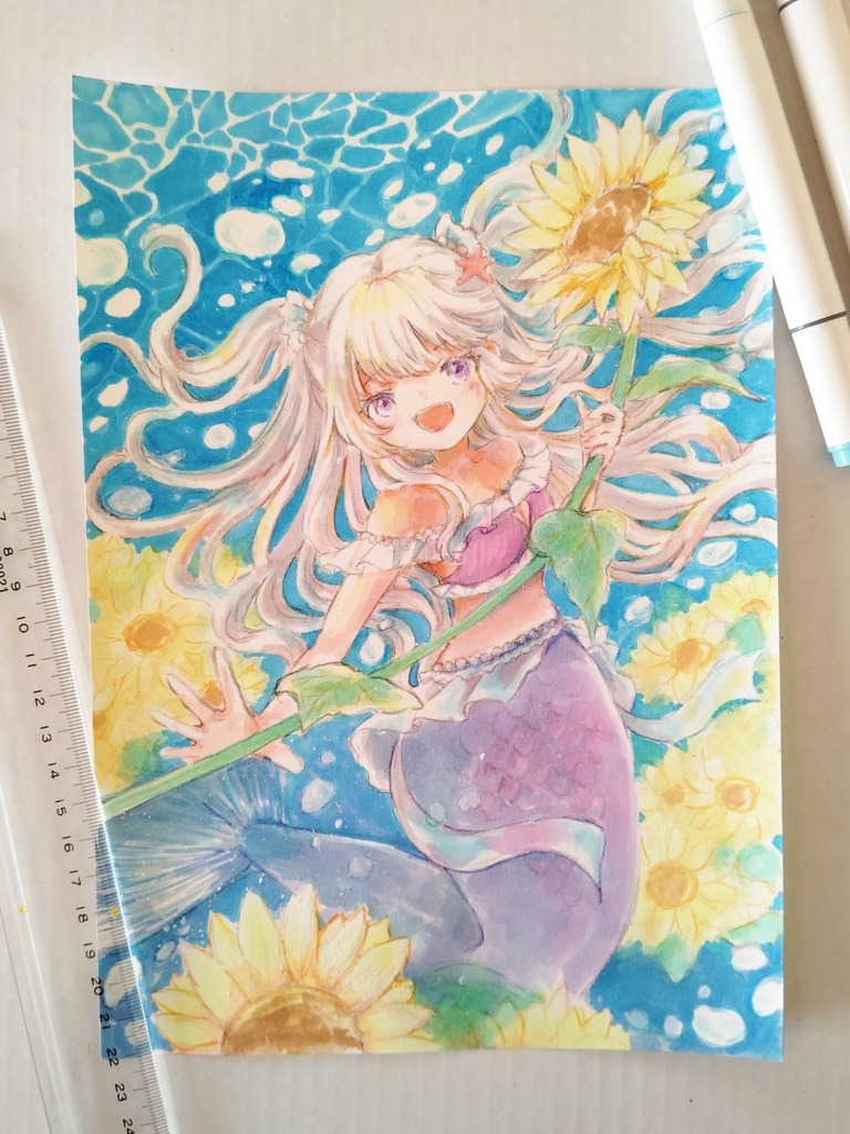 【ドローイング原画】人魚とひまわり1ハーフツイテ