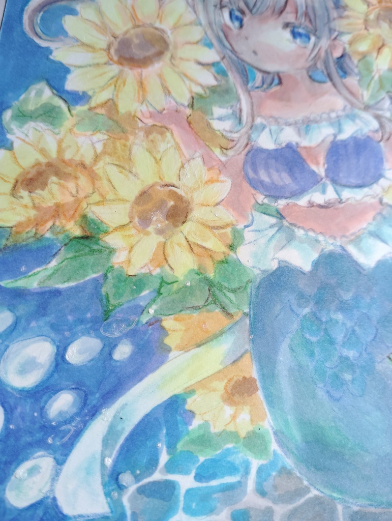 【ドローイング原画】人魚とひまわり2ポニテ