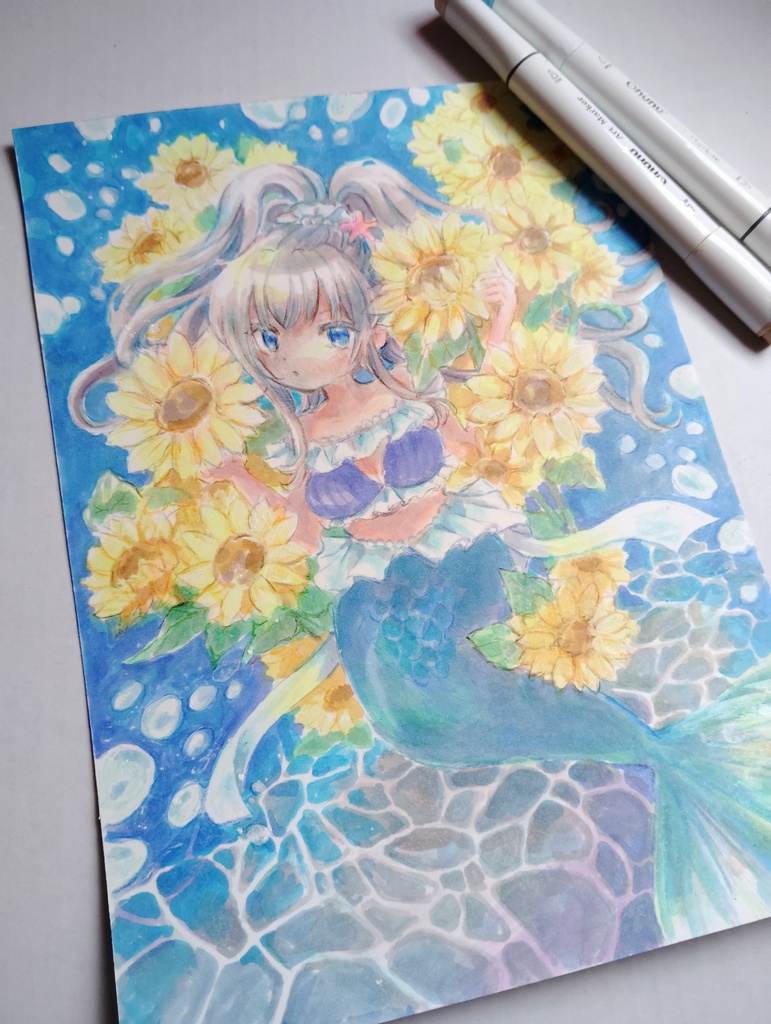 【ドローイング原画】人魚とひまわり2ポニテ
