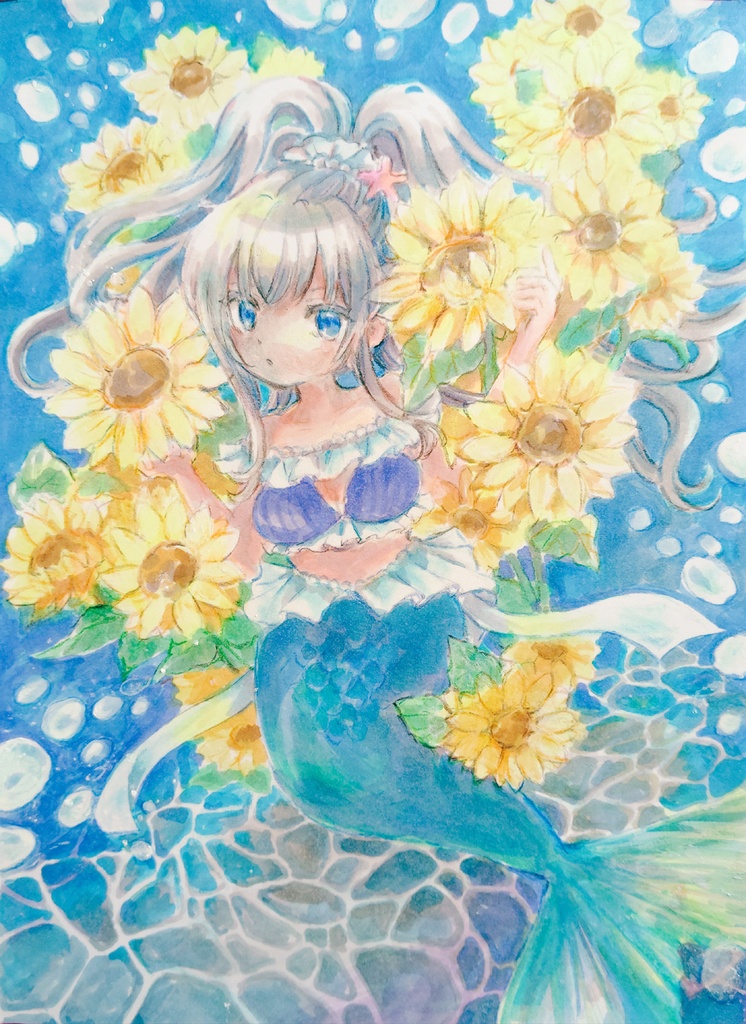 【ドローイング原画】人魚とひまわり2ポニテ
