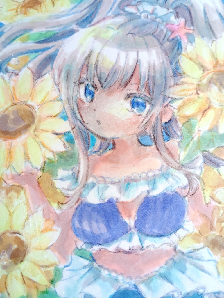 【ドローイング原画】人魚とひまわり2ポニテ