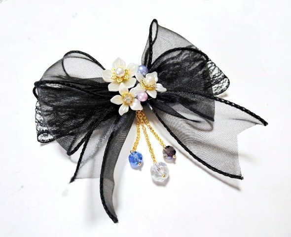 ビーズ揺れる透ける黒のリボン飾り 送料込み