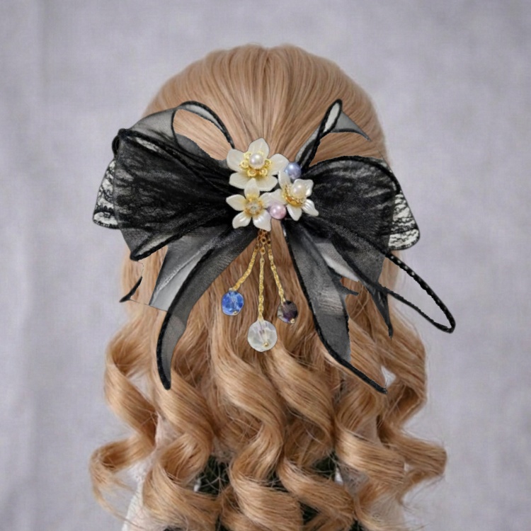 ビーズ揺れる透ける黒のリボン飾り 送料込み