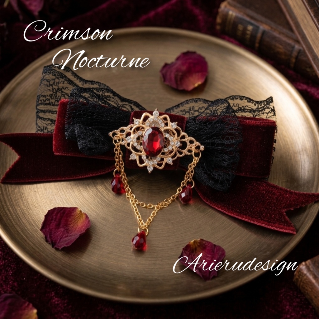 Crimson Nocturne ビジューと黒レースのゴシックリボンブローチ