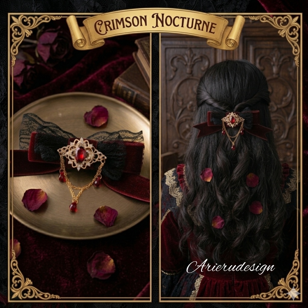 Crimson Nocturne ビジューと黒レースのゴシックリボンブローチ