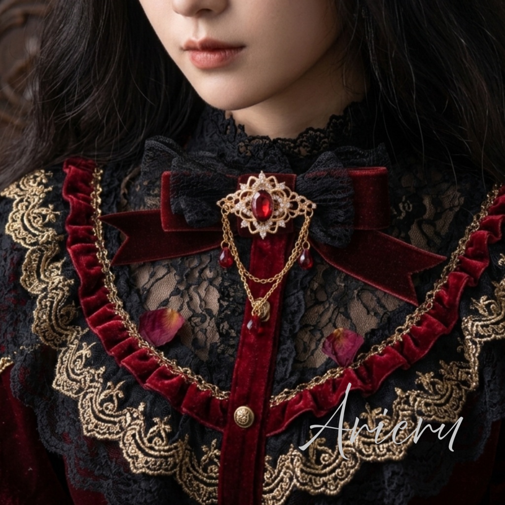 Crimson Nocturne ビジューと黒レースのゴシックリボンブローチ
