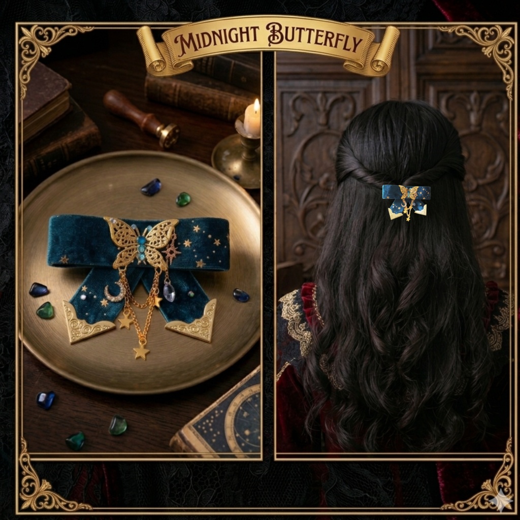 【Midnight Butterfly】星降る夜空と美蝶のゴシックリボンブローチ(ディープブルー)