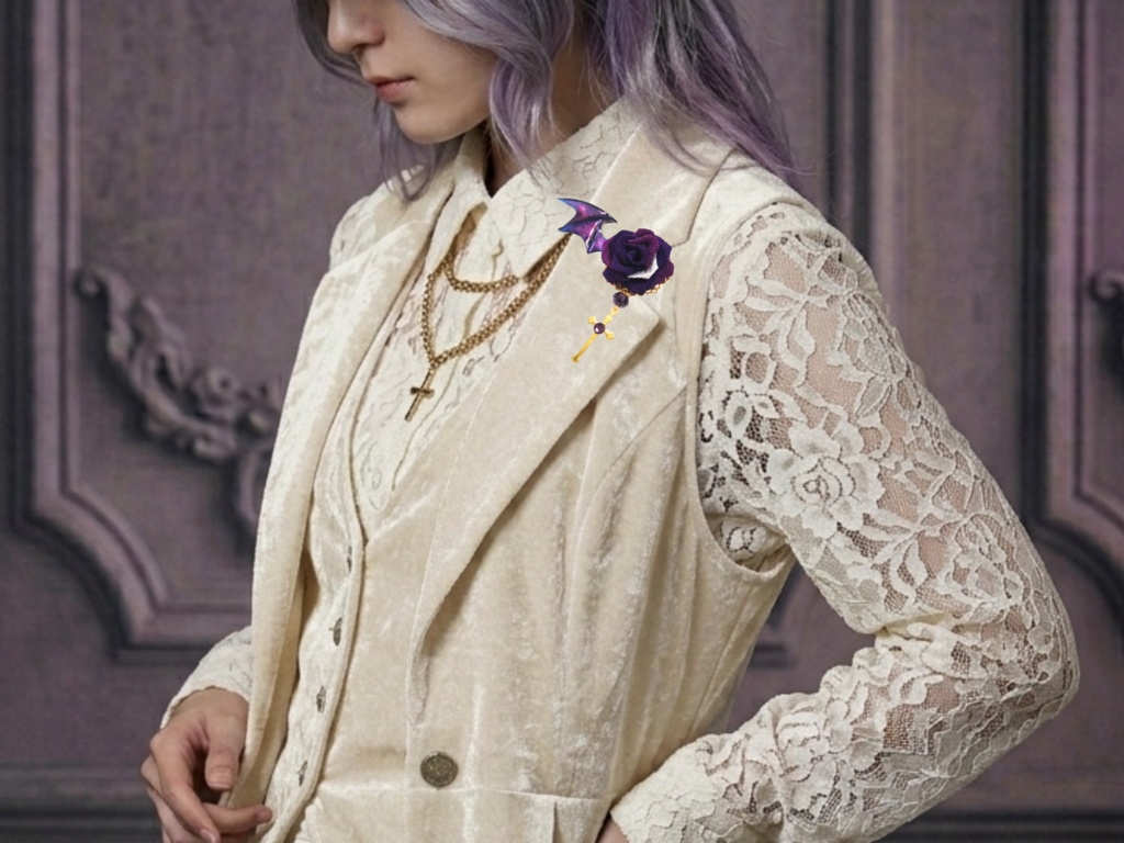 【つまみ細工/Gothic】薔薇と悪魔の羽のチャーム / Rose & Devil Wing Brooch