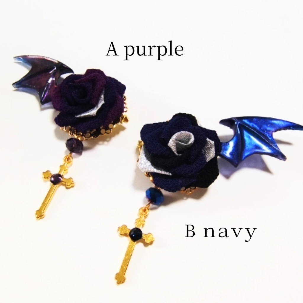 【つまみ細工/Gothic】薔薇と悪魔の羽のチャーム / Rose & Devil Wing Brooch