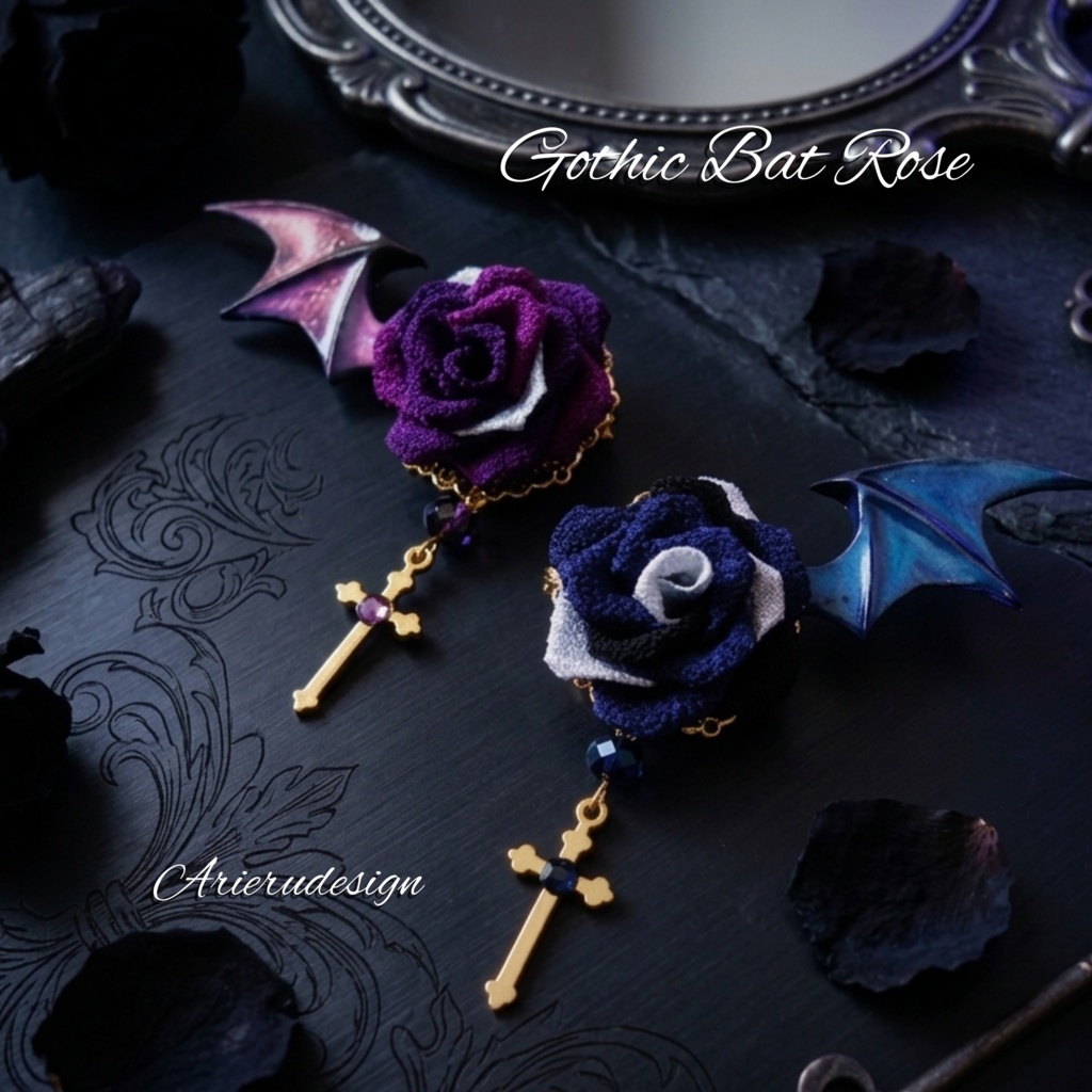 【つまみ細工/Gothic】薔薇と悪魔の羽のチャーム / Rose & Devil Wing Brooch