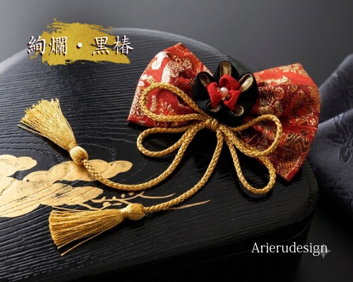 【中華ロリ・華ロリ】金襴リボンとつまみ細工の髪飾り(金糸タッセル付き)