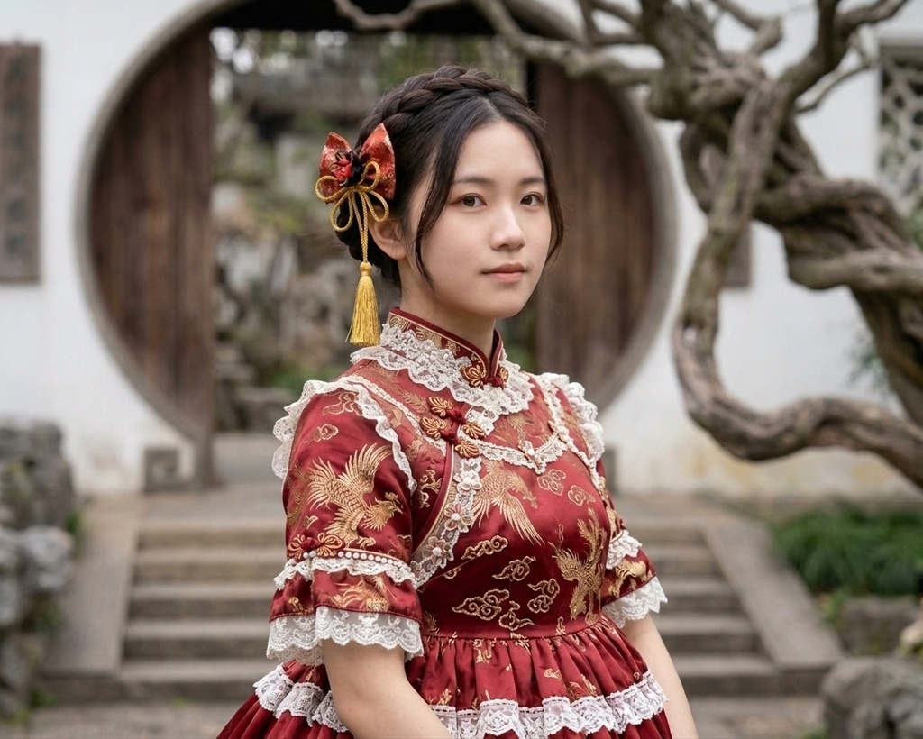 【中華ロリ・華ロリ】金襴リボンとつまみ細工の髪飾り(金糸タッセル付き)
