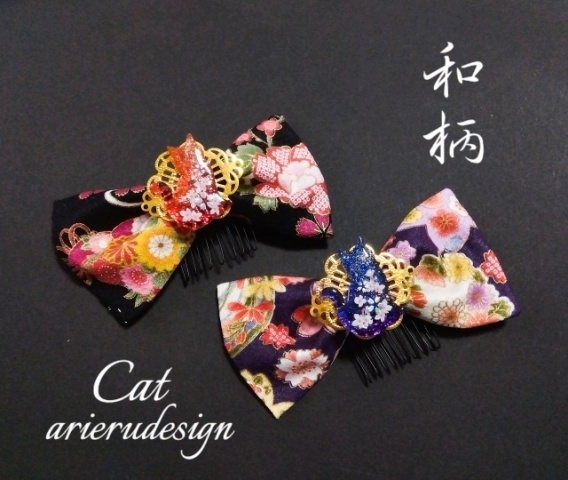 和柄猫リボン髪飾り｜Japanese Fabric Cat Bow Hair Accessory