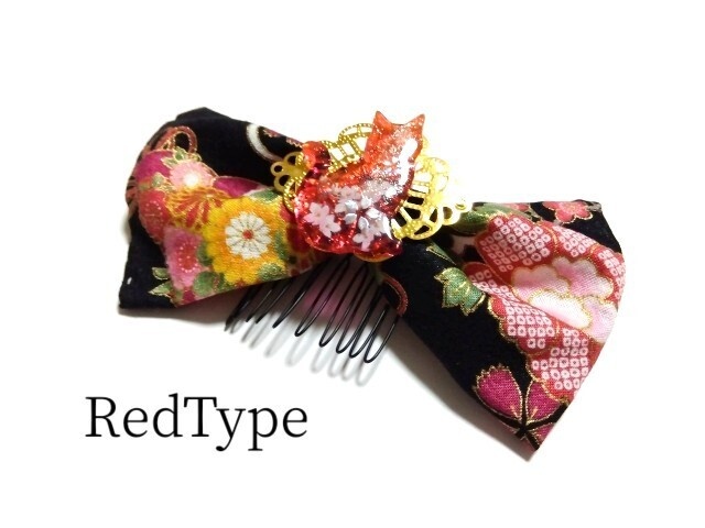和柄猫リボン髪飾り|Japanese Fabric Cat Bow Hair Accessory