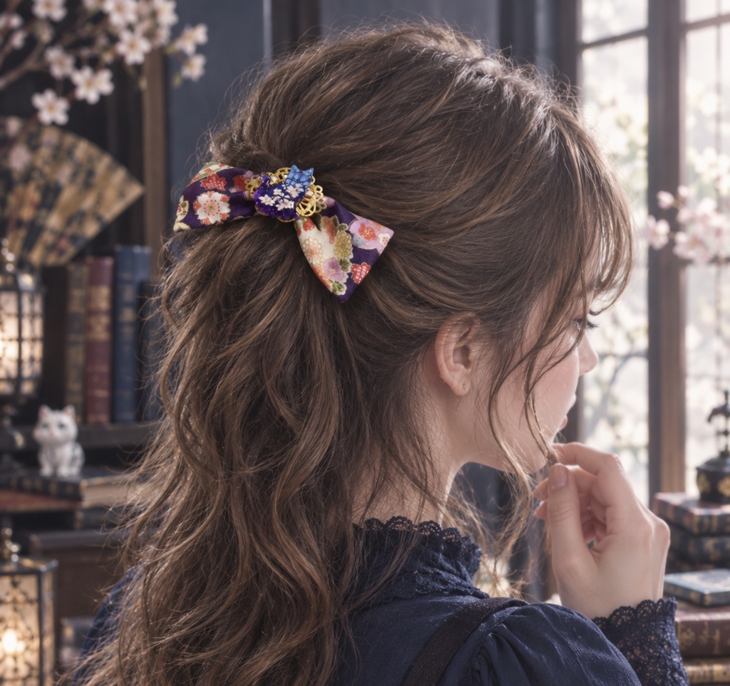 和柄猫リボン髪飾り|Japanese Fabric Cat Bow Hair Accessory