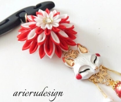 狐の嫁入りシリーズ|白狐と紅白つまみ細工の簪|Kitsune no Yomeiri – Japanese Fox Kanzashi Hair Stick