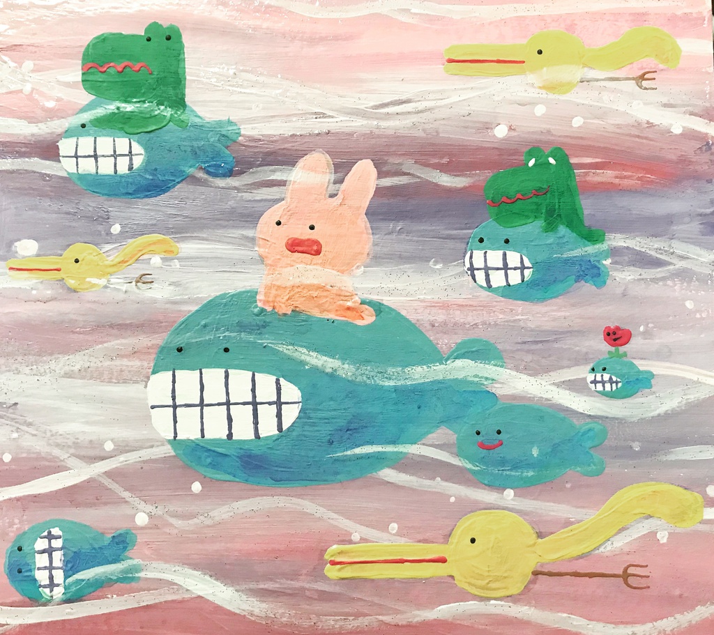 うさぎさんとおかさなランダム直筆絵の具色紙