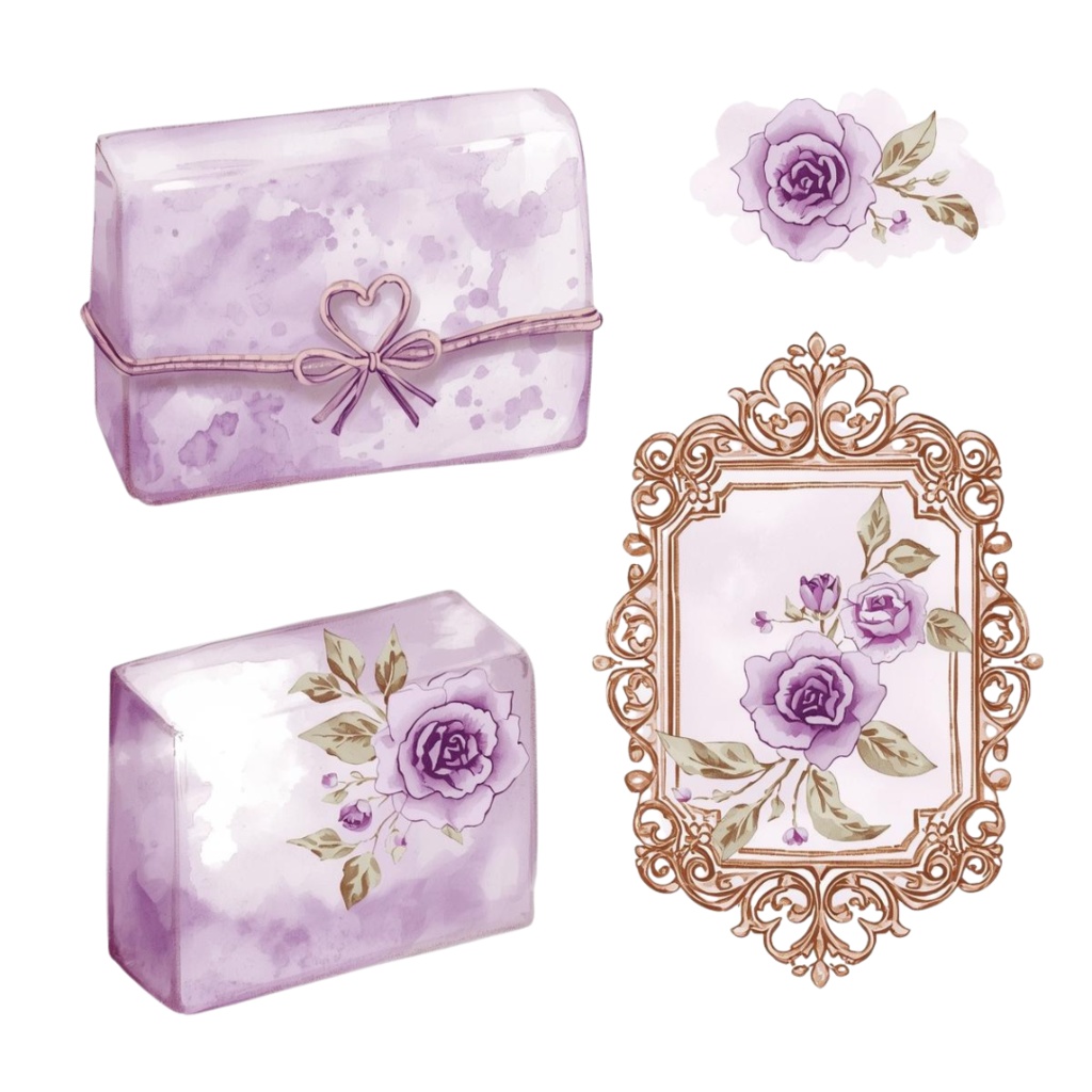 💜 紫のアンティーク水彩文房具クリップアートセット – 15点セット(PNG)