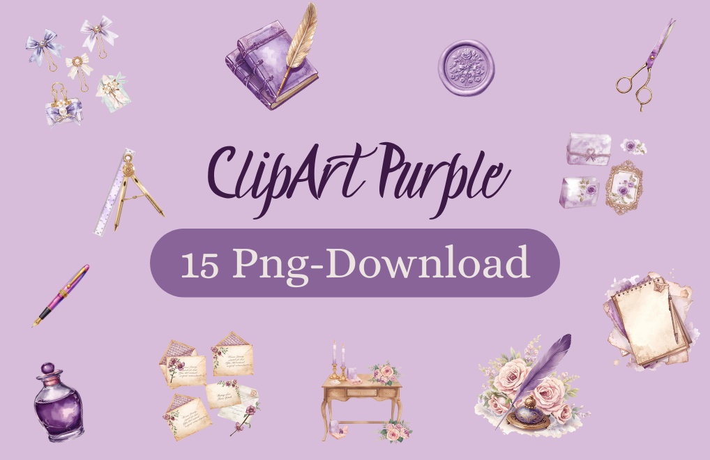 💜 紫のアンティーク水彩文房具クリップアートセット – 15点セット(PNG)