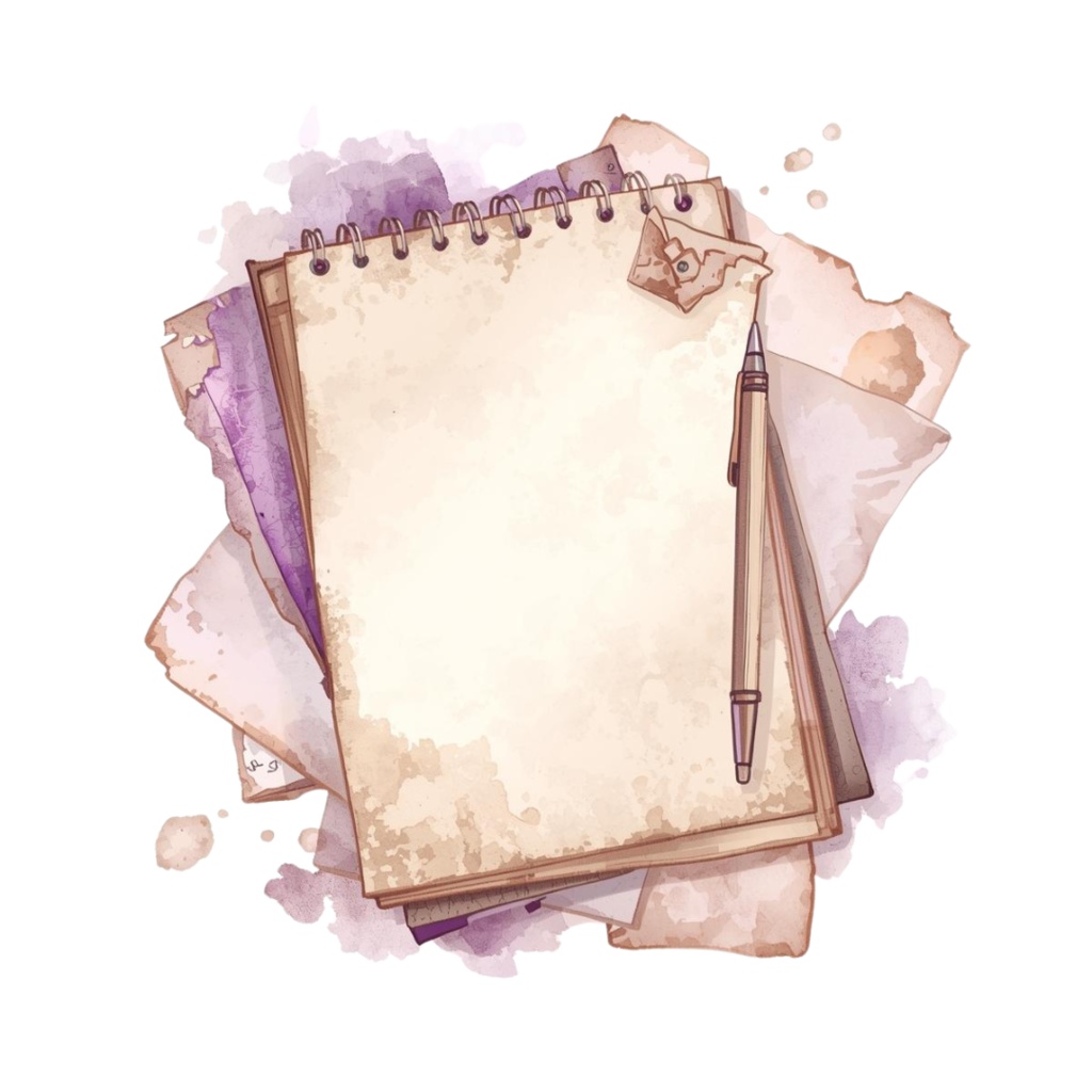 💜 紫のアンティーク水彩文房具クリップアートセット – 15点セット(PNG)