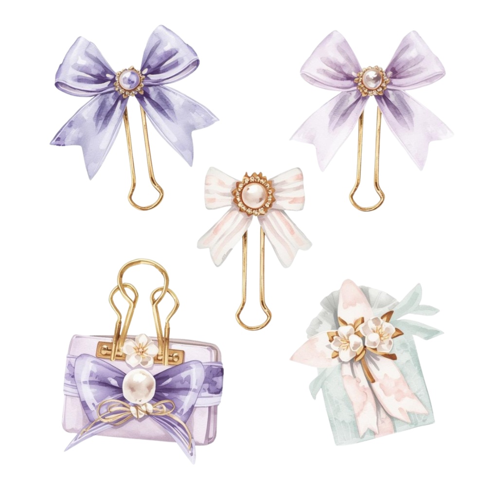 💜 紫のアンティーク水彩文房具クリップアートセット – 15点セット(PNG)