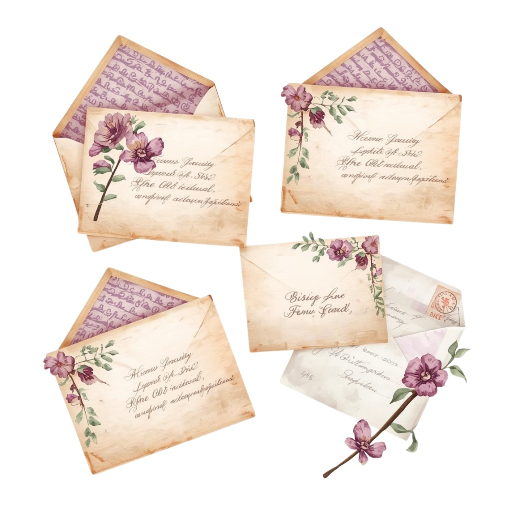 💜 紫のアンティーク水彩文房具クリップアートセット – 15点セット(PNG)