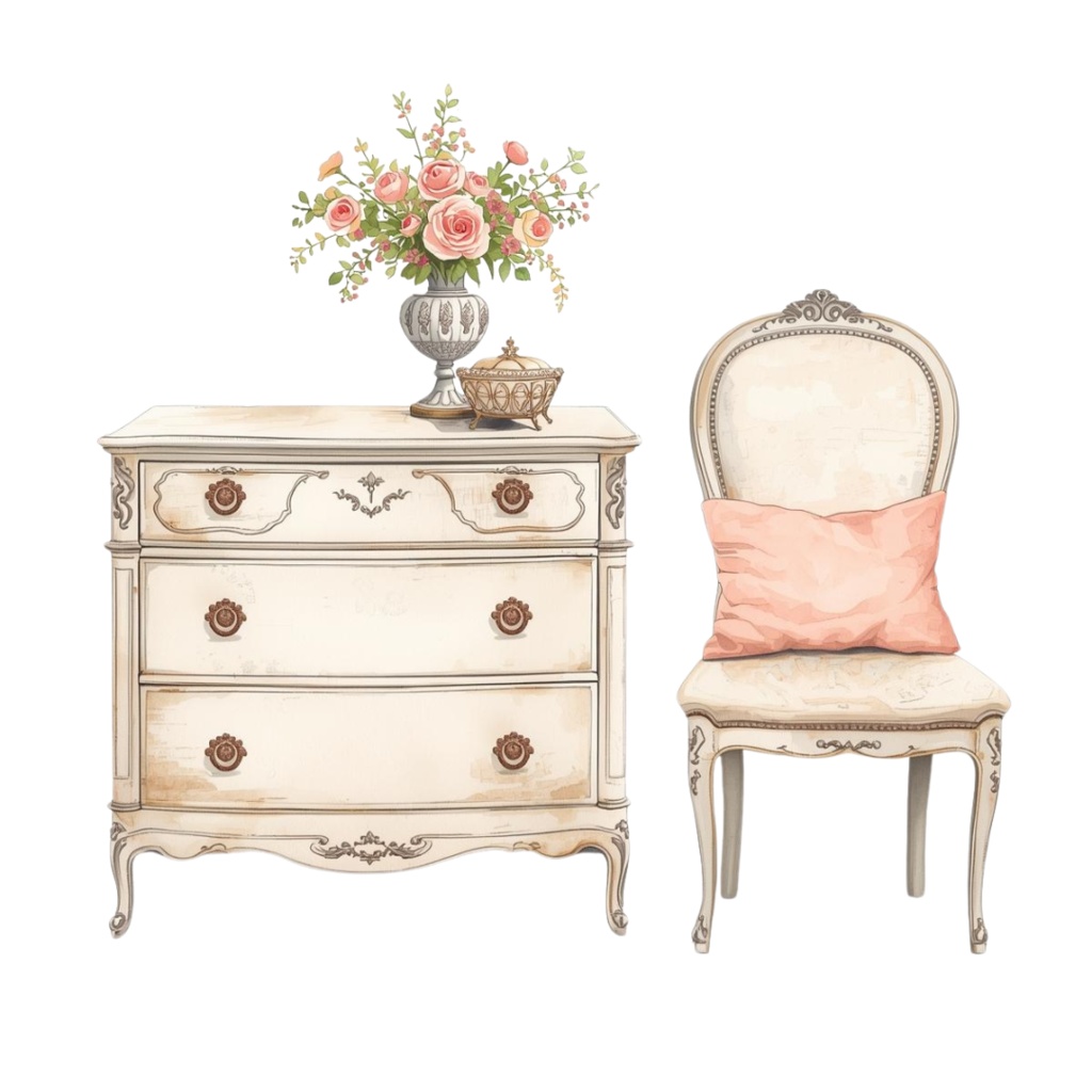 水彩アンティーク可愛い家具クリップアートセット(全15点/PNG透過)