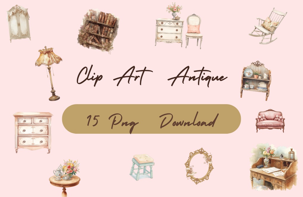 水彩アンティーク可愛い家具クリップアートセット（全15点／PNG透過）