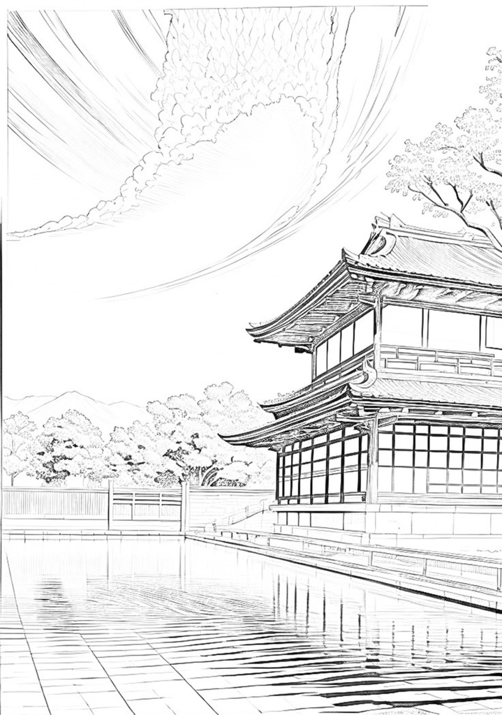 塗り絵用線画　日本の建物　昔～現在～近未来