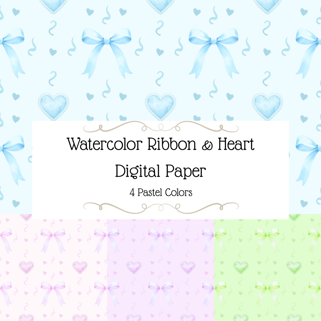 Watercolor Ribbon & Heart Digital Paper