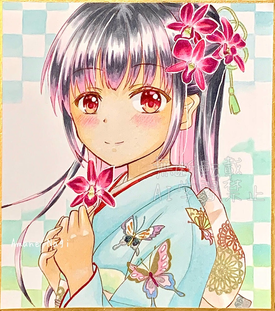 手描きイラスト 晴れ着女の子 小色紙  原画