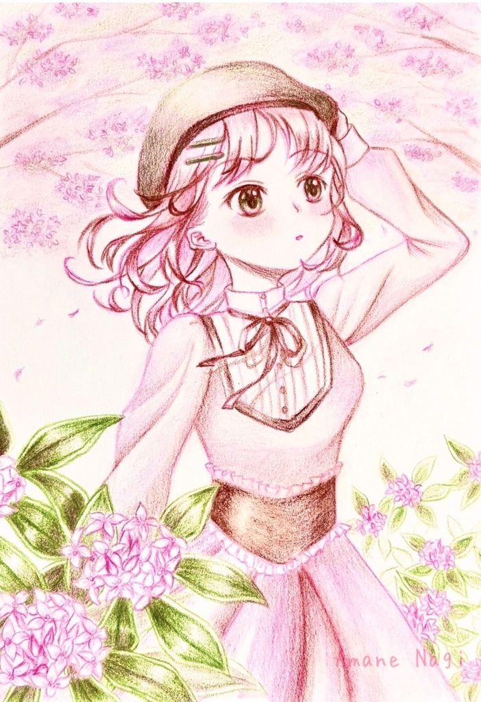 色鉛筆3色イラスト原画『春風』