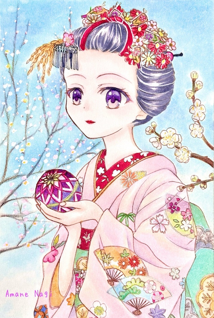 イラスト原画 舞妓さん ハガキサイズ  額付き