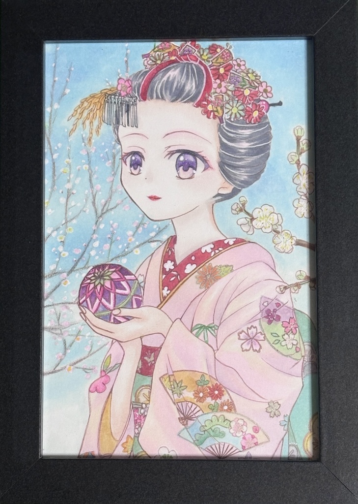 イラスト原画 舞妓さん ハガキサイズ 額付き