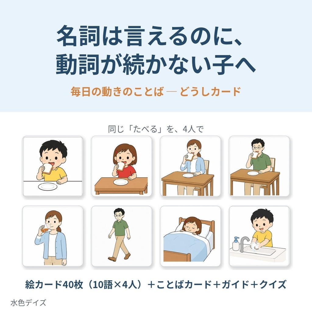 どうしカード|般化スターターキット|動詞10語×4人・絵カード40枚+ことばカード