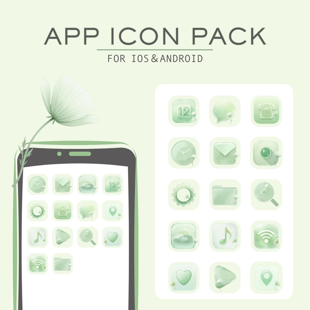 スマホアイコンパック｜くすみグリーン｜ナチュラルミニマルデザイン｜ポピーの花｜16個セット｜ホーム画面カスタマイズ