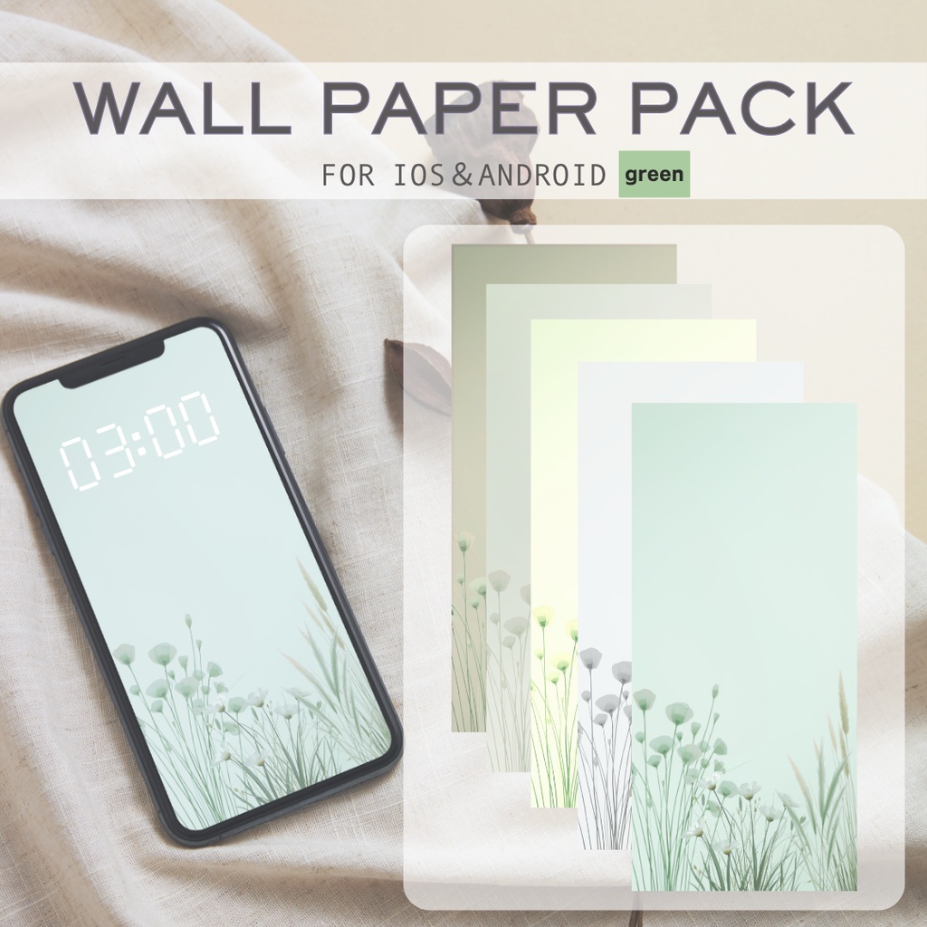 スマホ壁紙セット｜ホワイト&セージグリーン｜ナチュラルミニマル｜白い草花｜5枚セット｜ホーム画面カスタマイズ